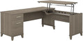 Pemberly Row Sit to Stand L Shaped Desk 72W x 66D x 29H Engineered Wood Ash Gray 3 Position Height Adjustable Desktop Built-in Drawers Ergonomic Design for Home Office or Workspace