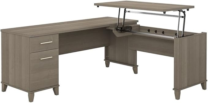 Pemberly Row Sit to Stand L Shaped Desk 72W x 66D x 29H Engineered Wood Ash Gray 3 Position Height Adjustable Desktop Built-in Drawers Ergonomic Design for Home Office or Workspace