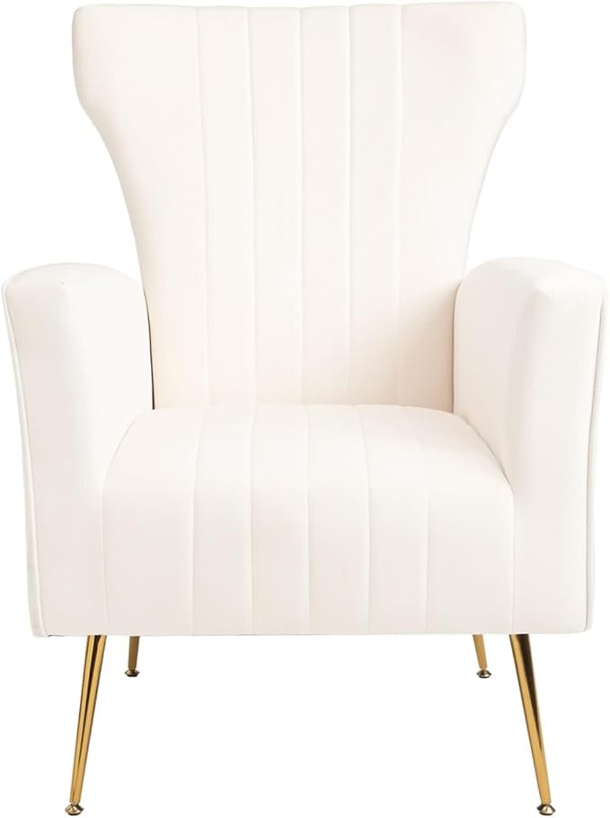 Velvet Accent Chair Wingback Arm Chair with Gold Legs Upholstered Single Sofa for Living Room Bedroom White