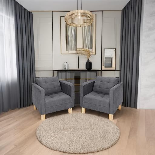 STHOUYN Mid Century Modern Upholstered Fabric Accent Chair with Arms Set of 2 Armchair Comfy Reading Chair for Living Room Studio Office Couch Single Sofa Set Bedroom Grey