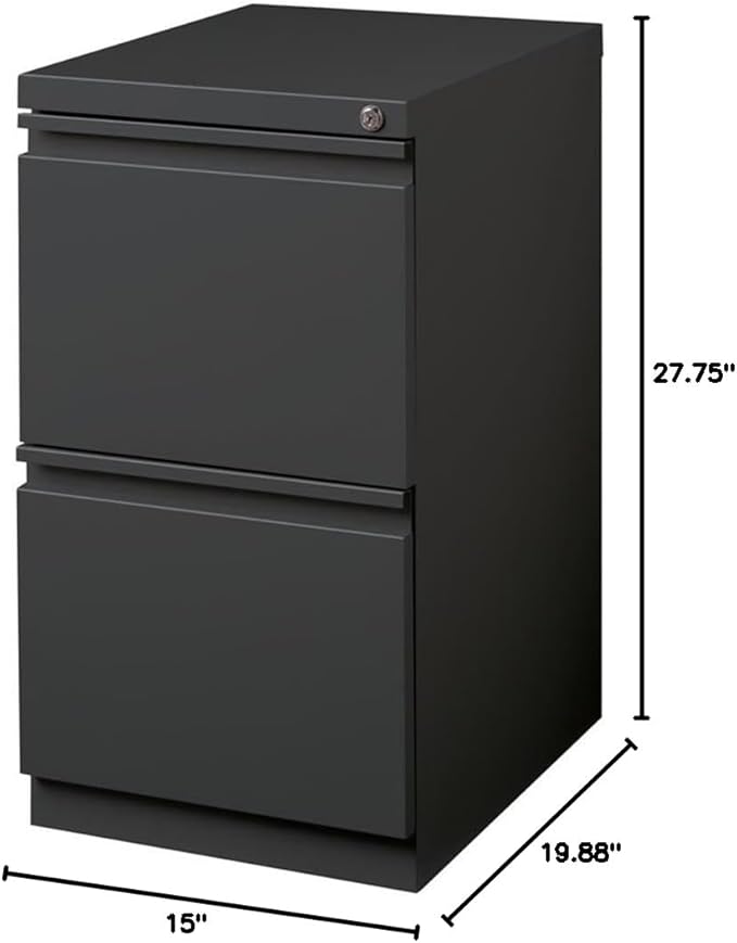 Bowery Hill Mobile Pedestal Filing Cabinet 20D Steel Charcoal Finish 2-Drawer File/File Configuration Hidden Casters Lockable Full Extension Drawers Letter-Size Hanging Files Office Storage