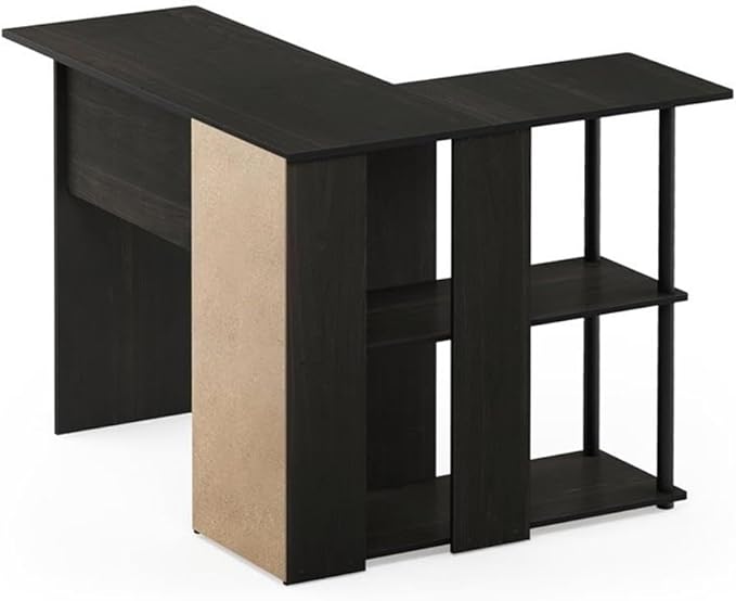 Pemberly Row L-Shape Engineered Wood Desk with Bookshelf Espresso/Black Finish 41.14 in W x 34.45 in D x 28.94 in H 2 Shelves Sturdy Modern Design for Home Office or Workspace