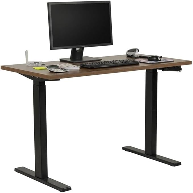 Pemberly Row Adjustable Height Desk 47.25 Wood Worksurface in Danish Walnut Black Steel Base Ergonomic Design Crank Height 27.75-47.5 in Home Office or Study Desk