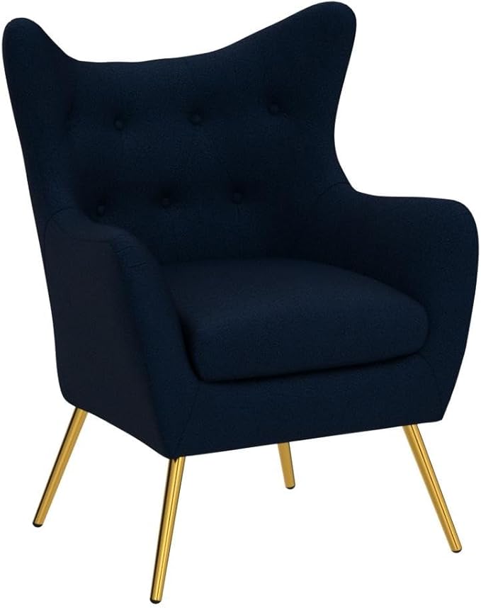 HULALA HOME Velvet Accent Chair Set of 2 Modern Wingback Arm Chair with Metal Gold Legs Velvet Tufted Upholstered Single Sofa Chair (Navy)
