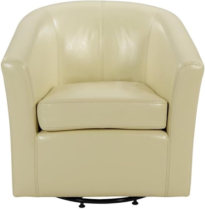 Pemberly Row Bonded Leather Swivel Tub Chair Beige Finish 29.5 H x 30 W x 29.5 D Solid Birch Wood Legs Dark Mahogany Accent Durable Upholstered Accent Chair for Living Room or Office Use