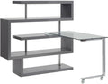 BOWERY HILL L-Shaped Glass Top Writing Desk Chrome and Gray High Gloss Finish Metal and MDF Construction 55 W x 24 D x 54 H 4 Shelves Swivel Function Modern Small Space Home Office Desk