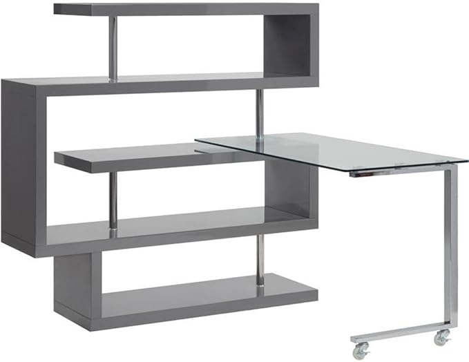 BOWERY HILL L-Shaped Glass Top Writing Desk Chrome and Gray High Gloss Finish Metal and MDF Construction 55 W x 24 D x 54 H 4 Shelves Swivel Function Modern Small Space Home Office Desk