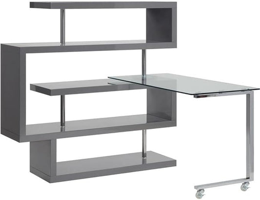 BOWERY HILL L-Shaped Glass Top Writing Desk Chrome and Gray High Gloss Finish Metal and MDF Construction 55 W x 24 D x 54 H 4 Shelves Swivel Function Modern Small Space Home Office Desk
