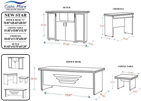 71 Wood Office Furniture Set of 4pcs | Modern Executive Desk | Credenza w/Keyboard Shelf | Large Storage Cabinet w/Chrome Handles &amp Legs | Coffee Table | Sturdy Home Workstation | White