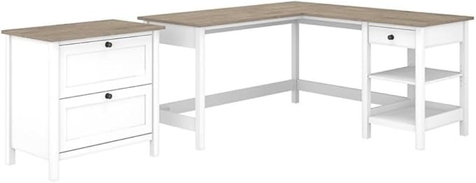 Pemberly Row 60W L Shaped Computer Desk with 2 Drawer Lateral File Cabinet Pure White and Shiplap Gray Finish Modern Farmhouse Style Home Office Furniture Set Durable Workspace with Storage