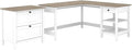 Pemberly Row 60W L Shaped Computer Desk with 2 Drawer Lateral File Cabinet Pure White and Shiplap Gray Finish Modern Farmhouse Style Home Office Furniture Set Durable Workspace with Storage