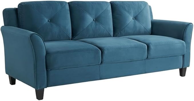 BOWERY HILL Transitional 78.7 W Solid Hardwood Frame Stationary Sofa with Tufted Back Cushions in Blue Premium Fabric Upholstery