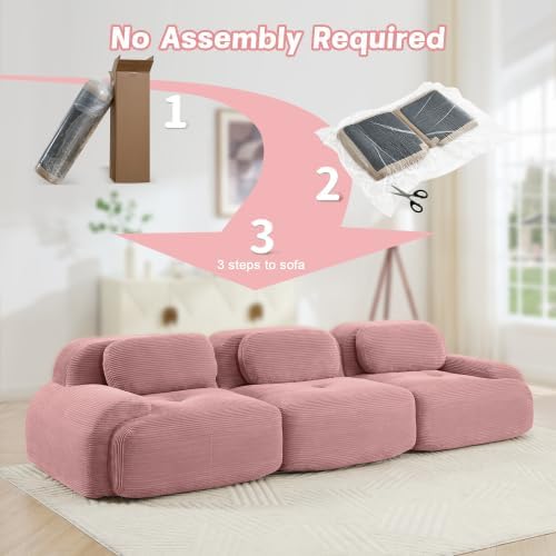 116.1 Modular Sectional Sofa Boneless Cloud Couch 3-Seater Deep Seat Cloud Couch Luxury Corduroy Fabric Sofa for Living Rooms Bedrooms Apartment (Pink 116.1inch)