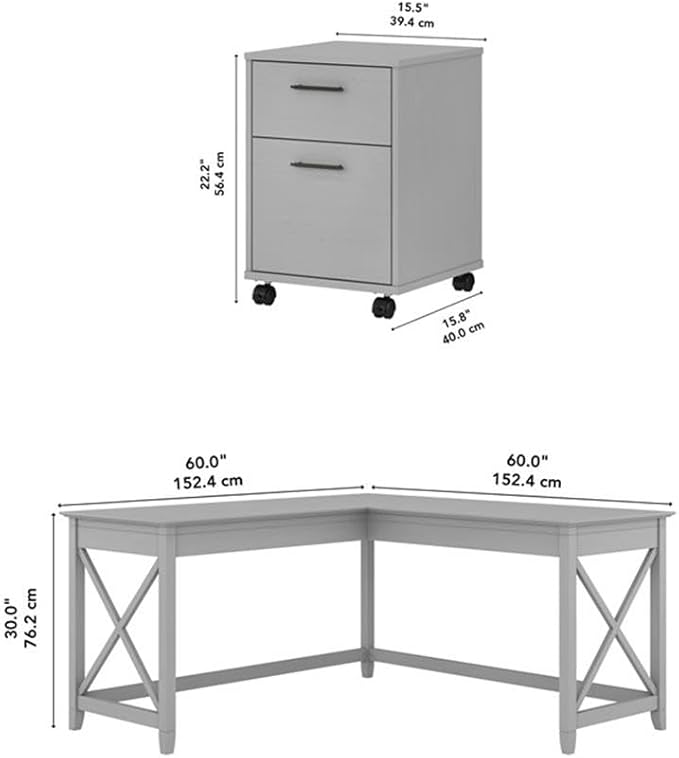 Bush Furniture L Shaped Desk with Lateral File Cabinet | Key West Collection Corner Computer Table with Storage for Home Office with Filing Unit | 60Wx60Dx30H