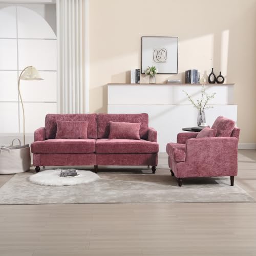 QQU Modern Upholstered Armchair Chenille Fabric Single Armchair with Cushions Living Room Lounge Chair Reading Chair with Solid Wood Frame Suitable for Bedroom Reception RoomWine Red