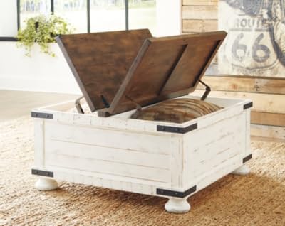 Signature Design by Ashley Wystfield Farmhouse Coffee Table with Storage Hinged Lift Top Wood 36 W x 36 D x 18 H Distressed White
