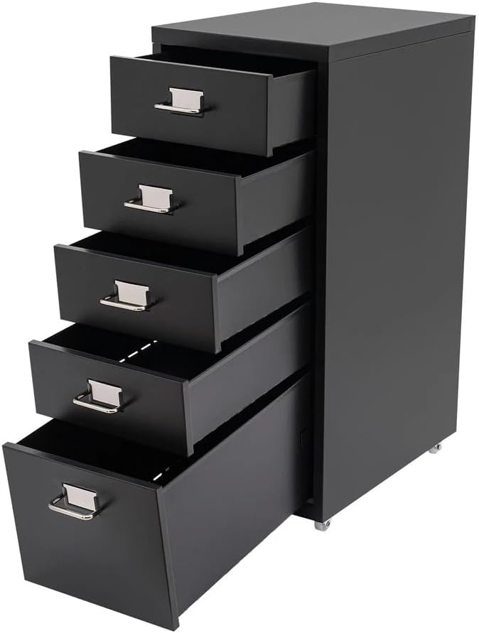 5-Drawer File Cabinet Office Filing Cabinet Stand Storage Organizer with Wheels Freestanding Rolling Storage Dresser Mutifuctional Tool Organizer for Kitchen Bedroom Living Room (Black)