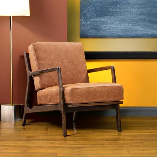 Poly &amp BARK Verity Leather Accent Chair – Armchair with Walnut Wood Frame – Fashion-Forward Lounge Seating for Living Room – Upholstered in Cognac Tan Leather for Modern Style