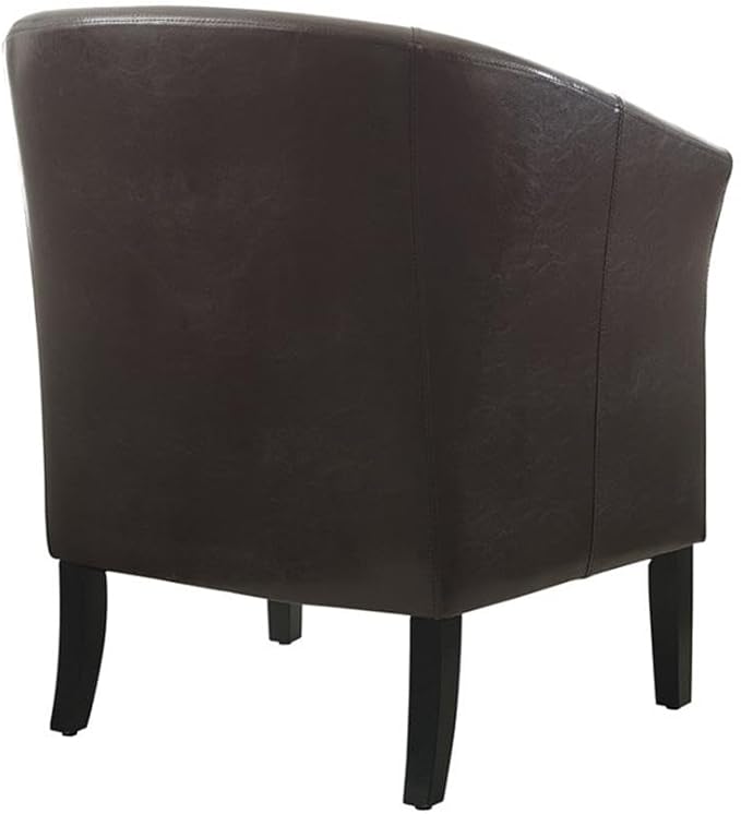 Pemberly Row Contemporary Faux Leather Barrel Club Chair Brown Finish Rubberwood Frame Upholstered Vinyl Flared Armrests Arching Backrest 28.25W x 25.5D x 33H Accent Chair for Living Room