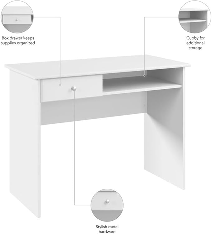 Bush Home Cabot 40W Small Writing Desk with Drawer and Shelf in White Compact Work Table for Home Office or Living Room