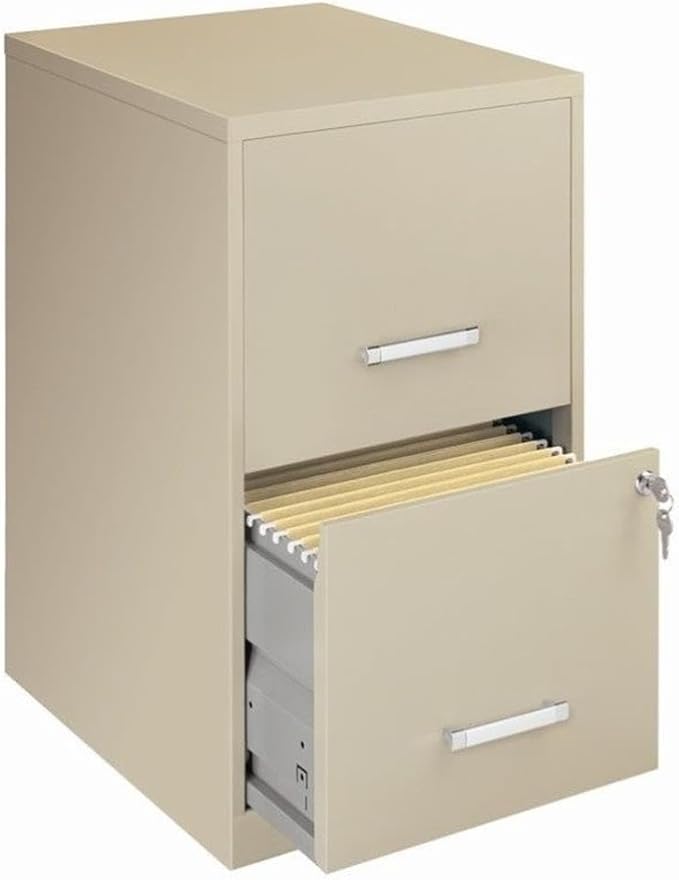 Pemberly Row 2-Drawer Metal Filing Cabinet 18 Deep Putty/Beige Finish Letter-Size Hanging Files High-Side Drawers Cam Lock Security Glide Suspension Home or Office Storage Solution
