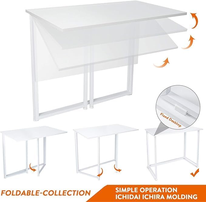 Folding Computer Desk for Small Spaces No-Assembly Space-Saving Home Office Desk Foldable Computer Table Laptop Table Writing Desk Compact Study Reading Table (White)