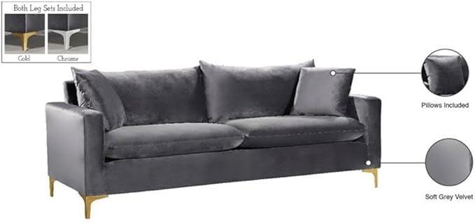 Meridian Furniture Naomi Collection Modern | Contemporary Grey Velvet Upholstered Sofa with Stainless Steel Base in a Rich Gold or Chrome Finish