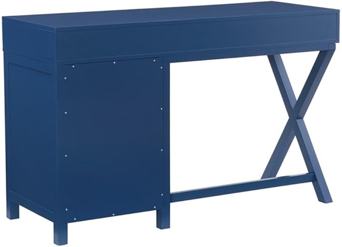 Pemberly Row Modern Wood Side Storage Desk 48 W x 18 D x 30 H Navy Blue Finish 4 Drawers with Silver Handles X-Frame Design Home Office or Bedroom Desk for Writing or Computer Use