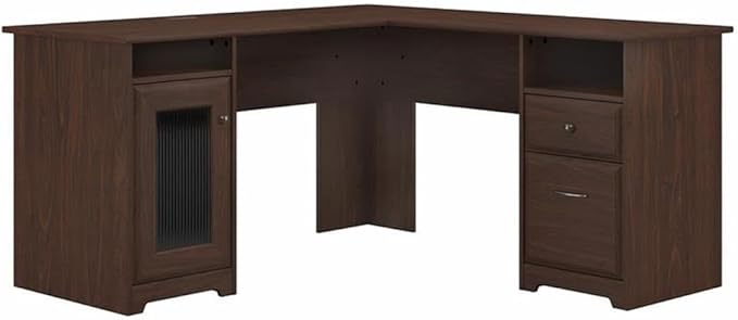 BOWERY HILL 60W L Shaped Computer Desk Modern Walnut Finish Engineered Wood Built-in USB Hub Storage Cabinet with Fluted Glass Door File Drawer Home Office Desk for Efficient Workspace