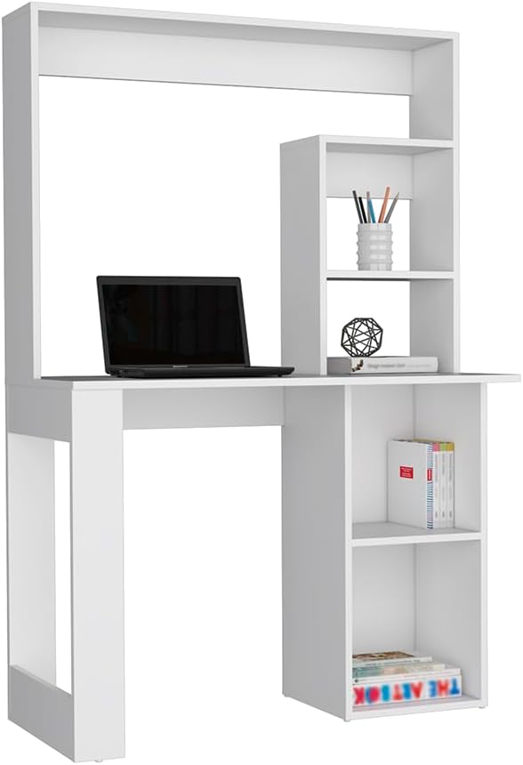 Compact 5-Shelf White Computer Desk with Hutch | Perfect Home Office Storage &amp Workspace