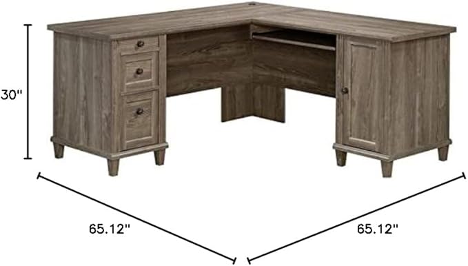 Pemberly Row L-Shaped Engineered Wood Computer Desk Emery Oak Finish 65 in x 65 in x 30 in Durable 1 in Thick Top Slide-Out Keyboard Shelf 3 Drawers Adjustable Shelf Home Office Desk