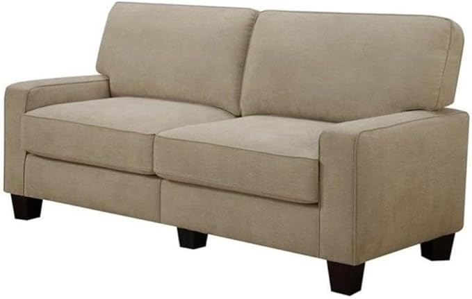 Pemberly Row Contemporary Linen Fabric Sofa 73 Wide Silica Sand Beige Finish Durable Polyester Upholstery Memory Foam Cushions Flared Arms Cozy Living Room Seating Includes 2 Decorative
