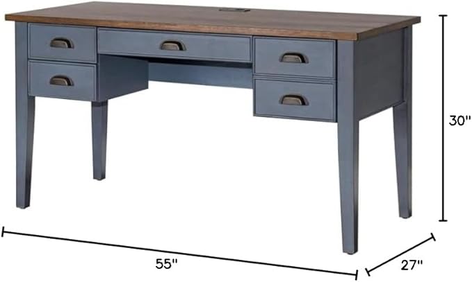 Martin Furniture Farmhouse Wood Half Pedestal Executive Desk Writing Table Office Desk Blue