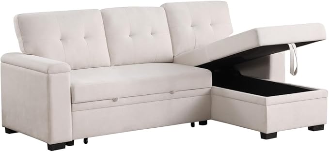 Lilola Home Convertible Sectional Sleeper Sofa Bed 85 Inch L Shaped Couch with Pull Out Bed Storage Chaise Removable Back Cushions for Living Room Office Woven Fabric Beige