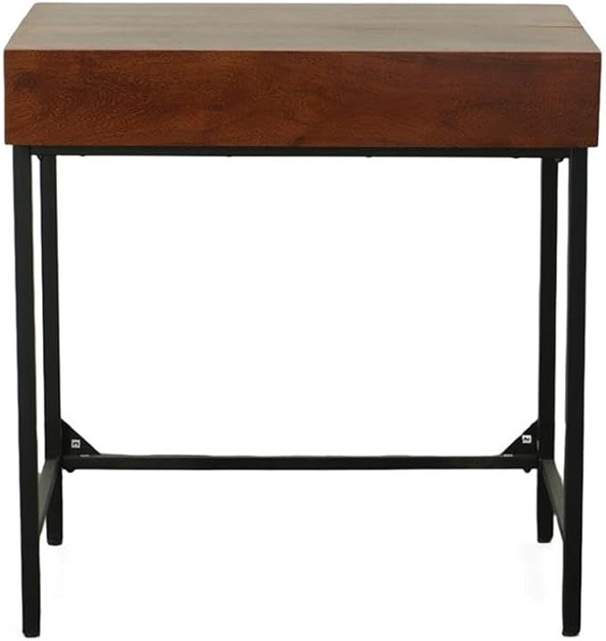 Pemberly Row Hidden Storage Writing Desk Rustic Mango Wood Chestnut Stain Black Metal Frame 31 in x 22 in Foldable Top Industrial Style for Home Office Dorm or Den Use