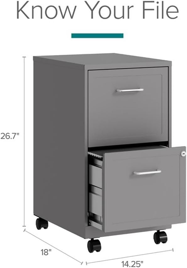 Pemberly Row 18 2-Drawer Metal Mobile Filing Cabinet Arctic Silver Finish Locking Design with Easy Roll Casters Stylish Embossed Fronts Compact Vertical Storage for Small Office or Home Office