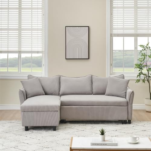 80'' Convertible Sectional Sofa Couch 3 Seat L Shaped Sleeper Sofa Bed with Pillows and Storage Chaise Pull Out Couch Bed Modern Corduroy Small Couches Futon for Living Room Apartment (Gray)