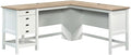 Pemberly Row L-Shaped Engineered Wood Home Office Desk Soft White and Lintel Oak Finish 65 in Wide Spacious Work Surface with Storage Drawers and Shelf Cord Management Versatile Placement