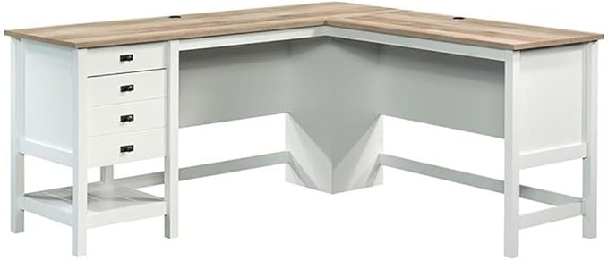 Pemberly Row L-Shaped Engineered Wood Home Office Desk Soft White and Lintel Oak Finish 65 in Wide Spacious Work Surface with Storage Drawers and Shelf Cord Management Versatile Placement