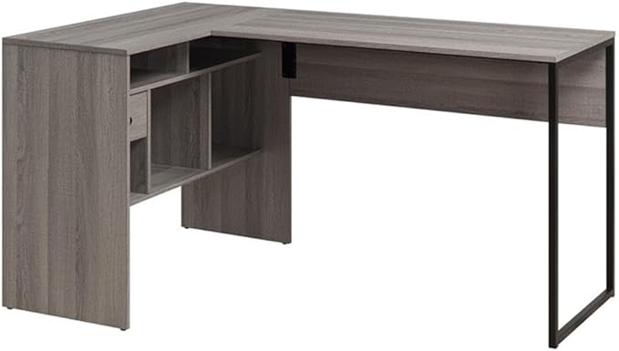 Pemberly Row Modern Lane L-Shape Desk Farm Oak Gray Finish Sturdy Metal Frame 55 W x 35 D x 30 H Accessory Drawer Adjustable Shelf Home Office Desk for Storage and Organization