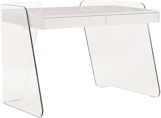 Pemberly Row Modern Engineered Wood Office Desk 47 W x 23 D x 31 H High Gloss White 2 Soft-Close Drawers Clear Glass Detail Contemporary Home Office Desk for Workspace Organization