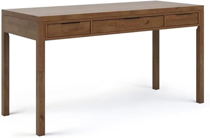 Pemberly Row Solid Wood Contemporary Desk 60 W x 24 D x 31.5 H Medium Saddle Brown Stain 2 Side Drawers Keyboard Tray Home Office Computer Desk