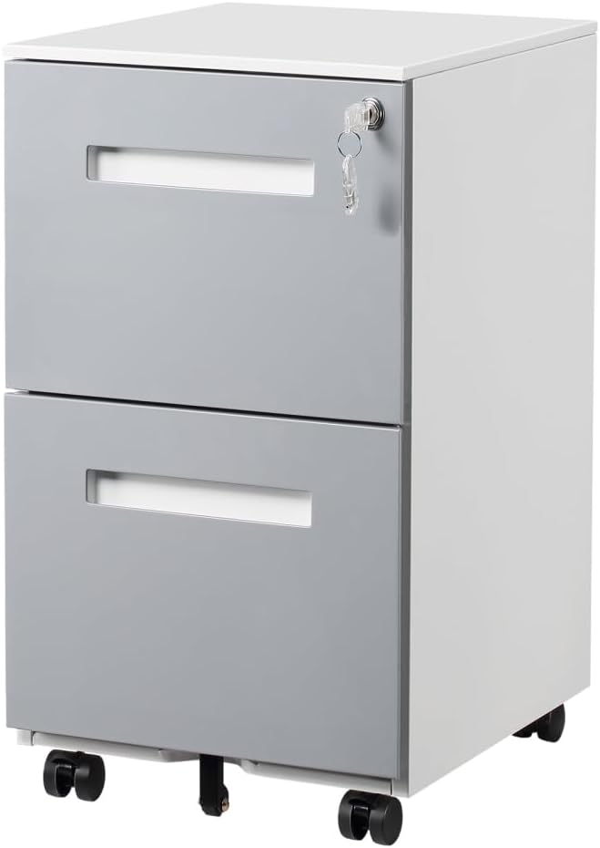 3-Drawer Mobile Filing Cabinet with Lock Legal/Letter Sized Office Storage Suitable for Offices and Study Rooms (2 Drawer Grey + Metal)