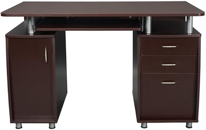 Pemberly Row 48 Wide Home Office Computer Desk in Gray with CPU Storage Cabinet and Hanging File Cabinet Brown