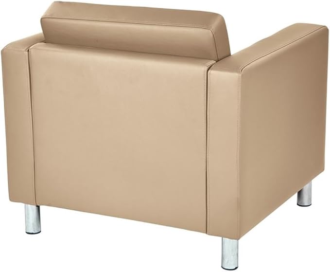 Pemberly Row Contemporary Armchair Dillon Buff Cream Vinyl Fabric Silver Finish Metal Legs 32 W x 30.5 D x 29.5 H Box Spring Seat Ergonomic Design Stylish Guest Room or Living Space Chair