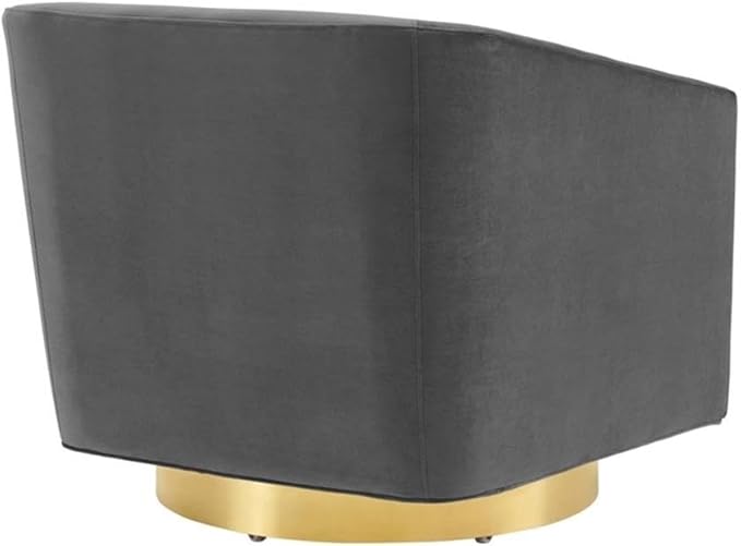 Pemberly Row Performance Velvet Swivel Chair 28H x 31.5W x 33D Brushed Gold Metal Base Stain-Resistant Charcoal Upholstery Dense Foam Padding Barrel Back Design for Living Room or Lounge Use