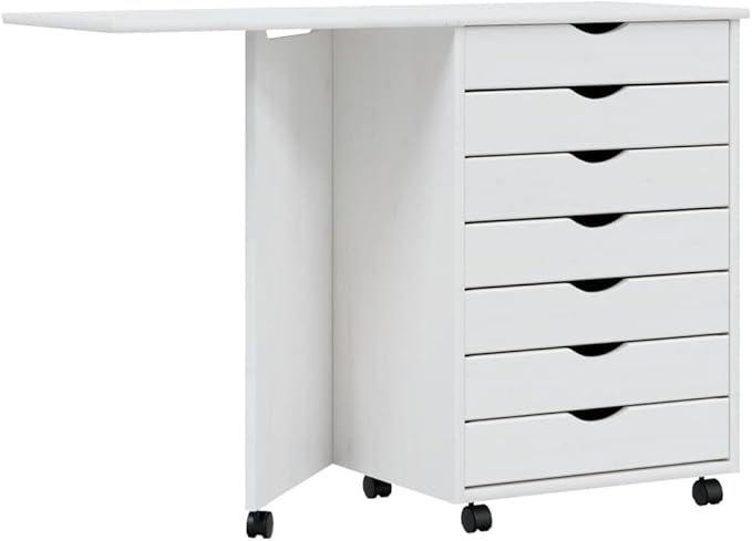Foldable Design Rolling Cabinet with 7 Storage Drawers Mobile Home Office Study Writing Desk with Smooth Wheels Space Saving Compact Desk White