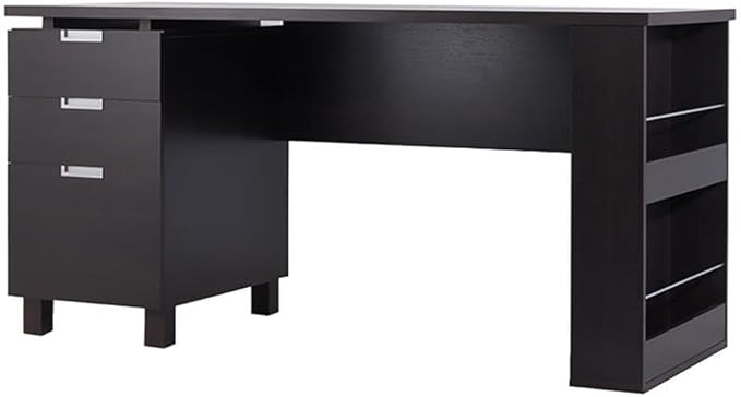 Scranton &amp Co Modern 3-Drawer Wood/Steel Office Desk 59 in Wide Espresso Finish Built-in Filing Cabinet Open Shelves Chrome Accents Particle Board Construction Home Office Desk for Workspac