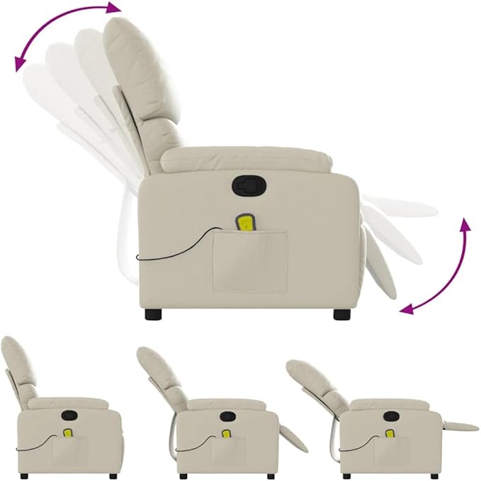 vidaXL Leather Massage Recliner Chair for Living Room Home Theater 6-Point Vibration Massage Adjustable Back &amp Footrest Side Pocket Cream