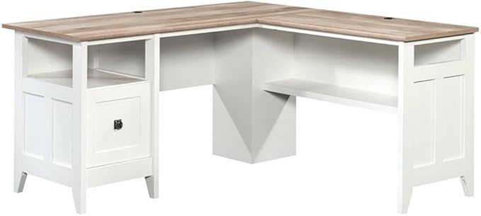 Pemberly Row L-Shaped Engineered Wood Computer Desk Glacier White Finish File Drawer Grommet Holes Cord Management Lower Shelf Modern Farmhouse Home Office Desk